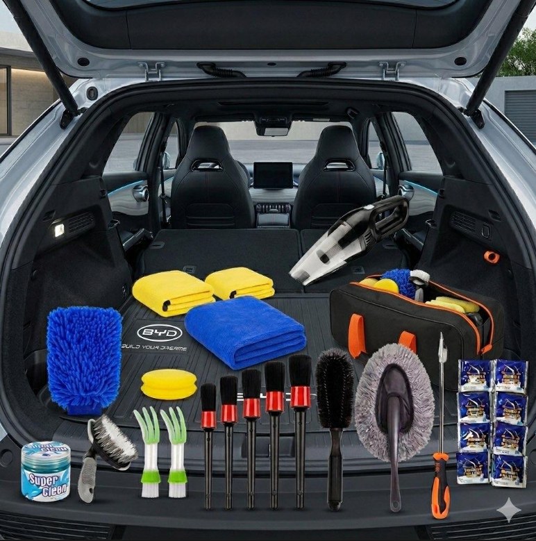 Pack Clean — Kit d'entretien 25 pièces : aspirateur portable, microfibres et brosses détailing